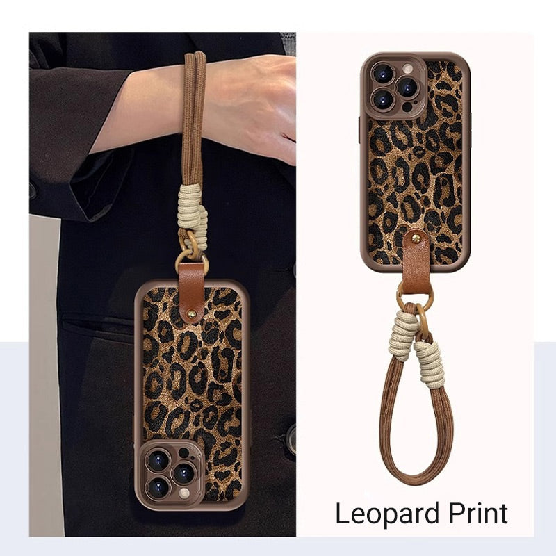 Leopárd mintás iPhone tok zsinórral