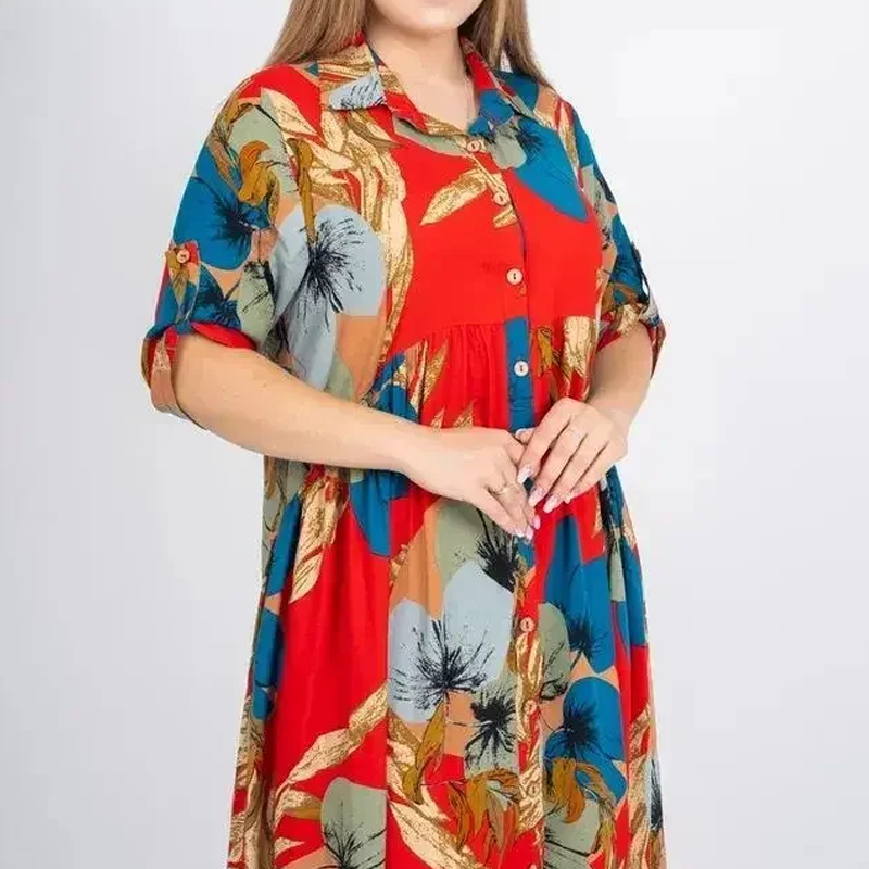 🌷Női bő, hosszú ruha mintával, hajtókával és gombokkal