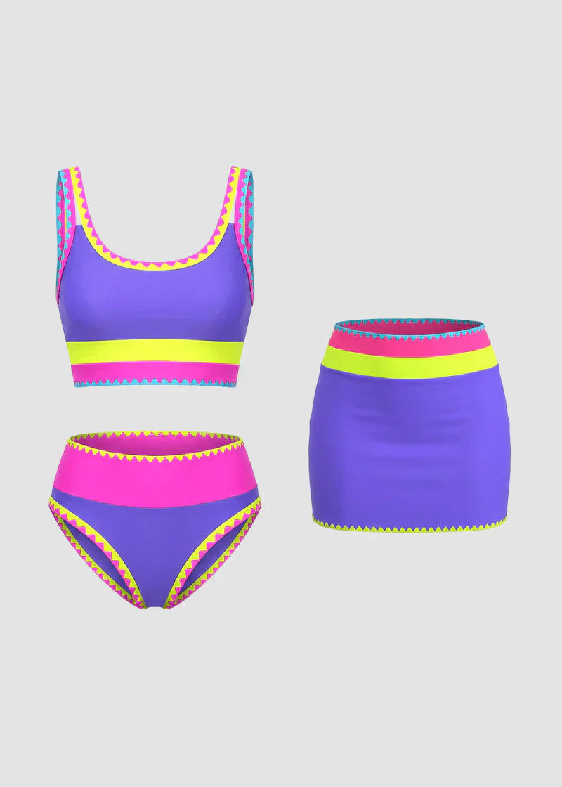 🌞🏖️ Színblokkal Díszített Nylon Sportos 3 Részes Bikini Szett – Magas Derekú és Hasformáló Fürdőruha 🩱🌊