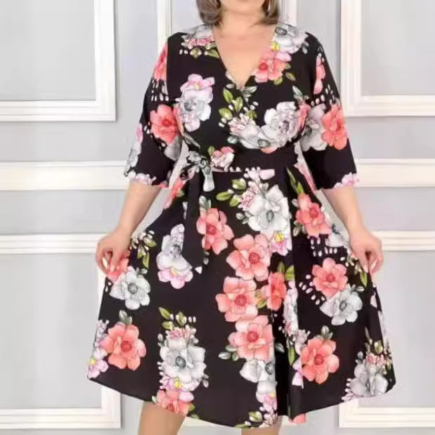 đđăS-5XLăNyĂĄri virĂĄgos sorozat, elegĂĄns V-nyakĂș ruha