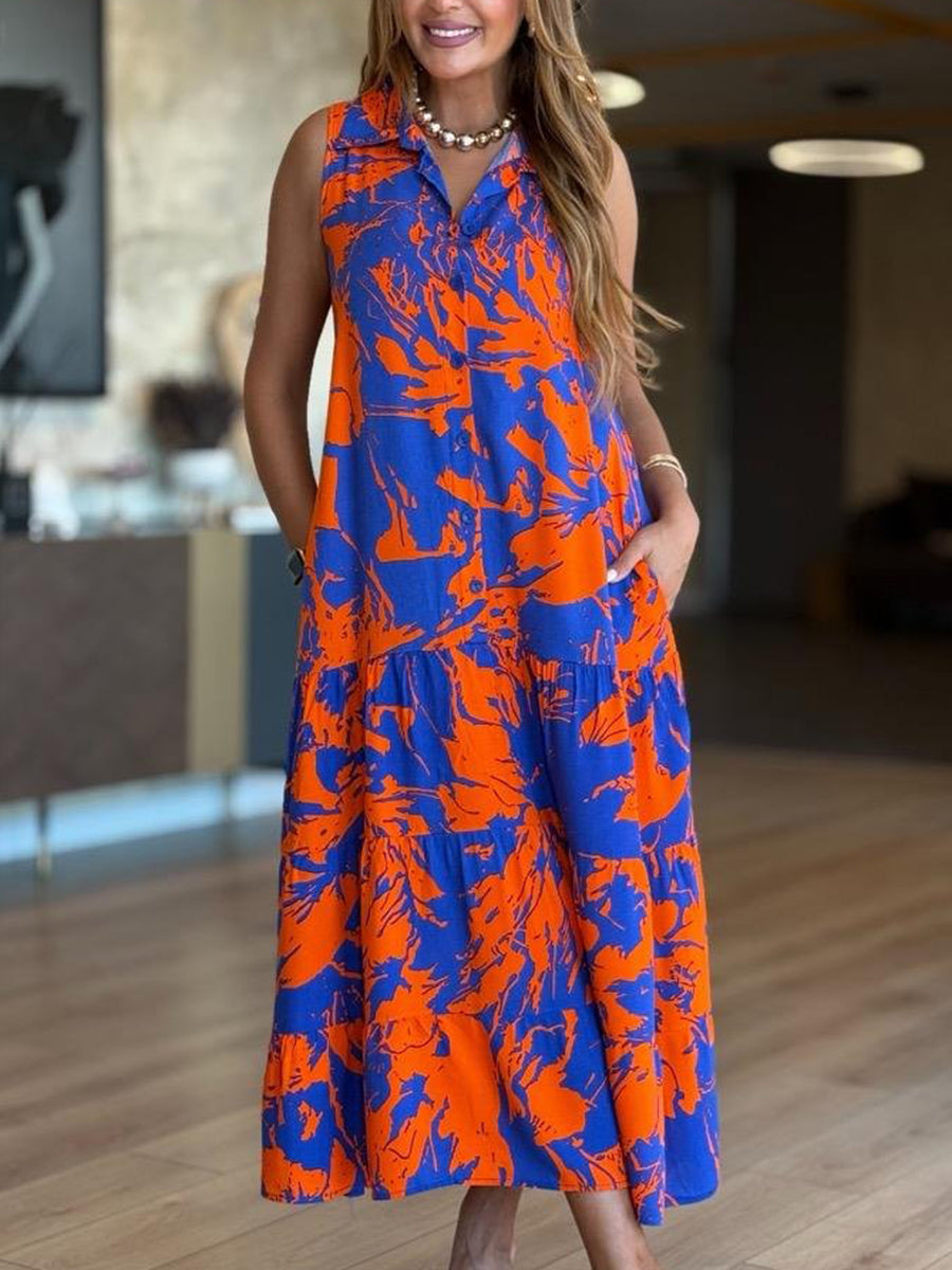 Sukienka saksofonowa bez rękawów z kołnierzykiem koszulowym i guzikami z przodu