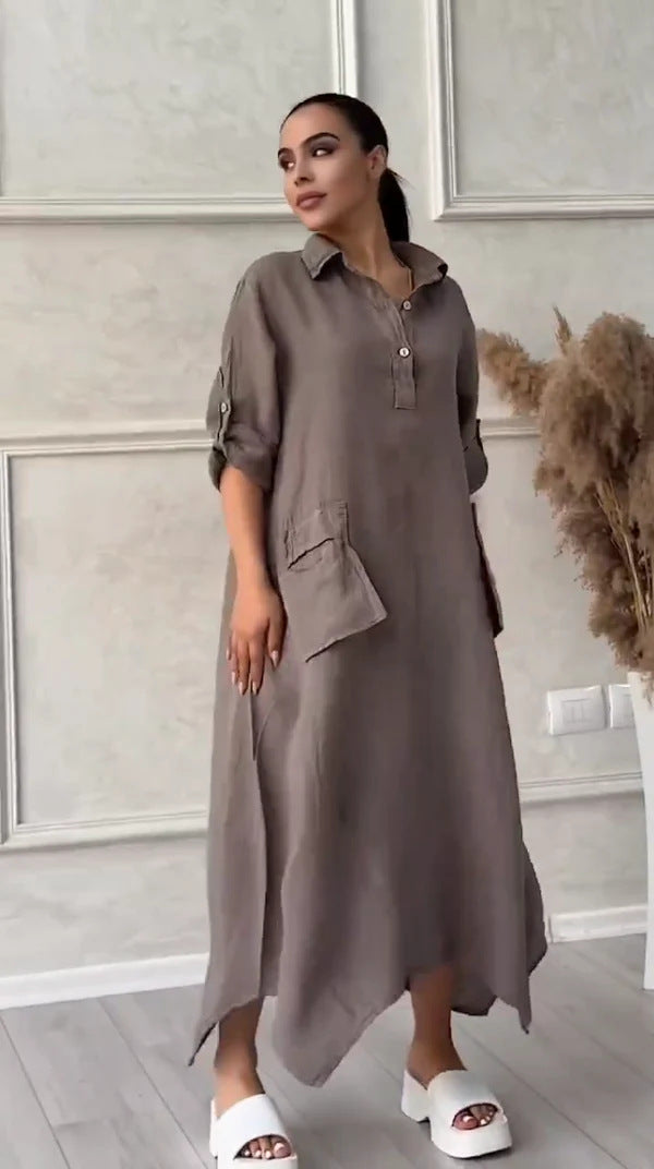 Női lenvászon pamut maxi ruha hajtókával