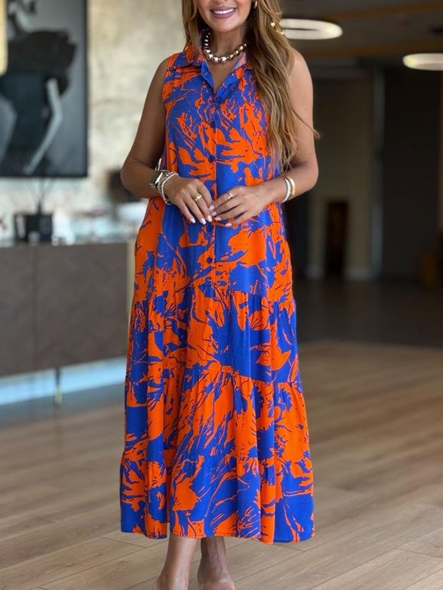 Sukienka saksofonowa bez rękawów z kołnierzykiem koszulowym i guzikami z przodu