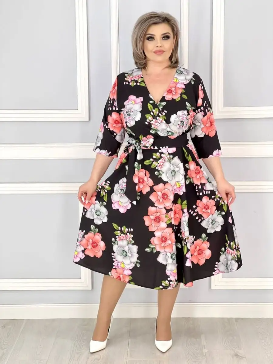 đđăS-5XLăNyĂĄri virĂĄgos sorozat, elegĂĄns V-nyakĂș ruha
