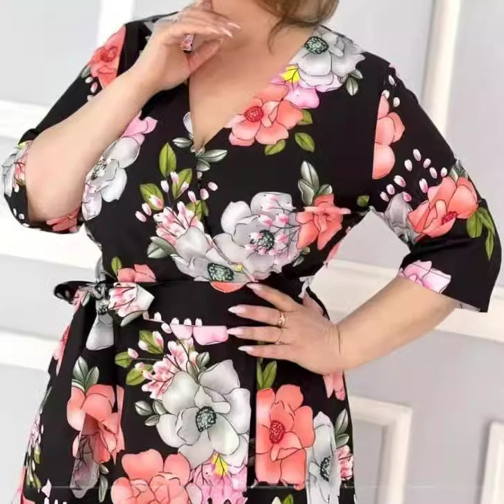 đđăS-5XLăNyĂĄri virĂĄgos sorozat, elegĂĄns V-nyakĂș ruha