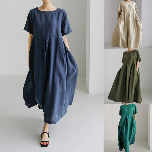 Laza kerek nyakú egyszínű hosszú ruha