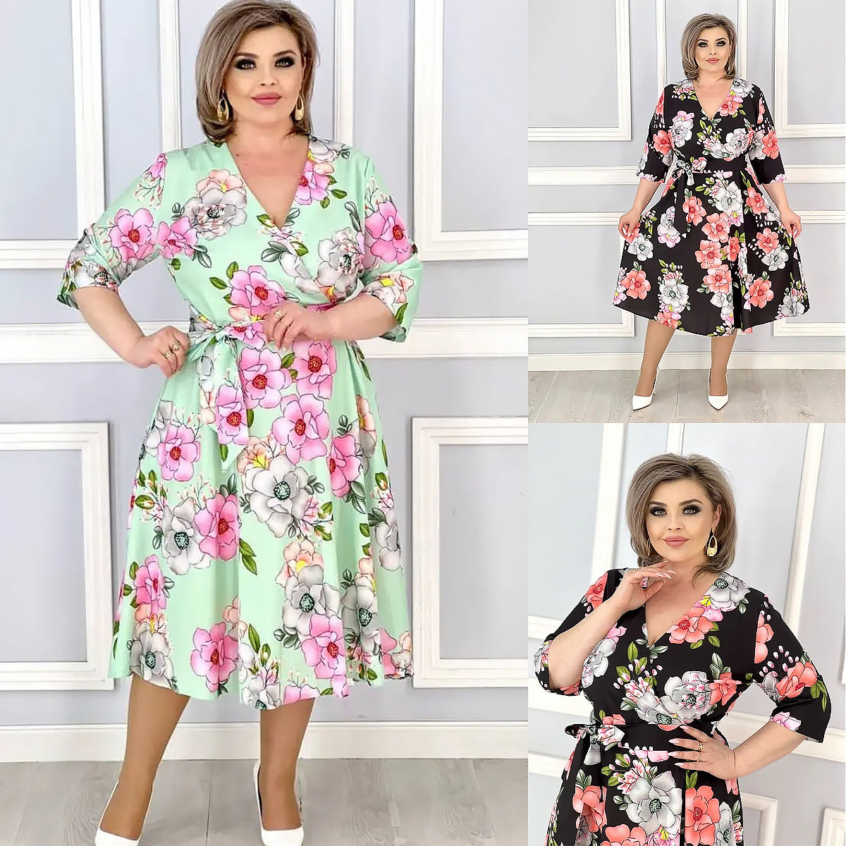 đđăS-5XLăNyĂĄri virĂĄgos sorozat, elegĂĄns V-nyakĂș ruha