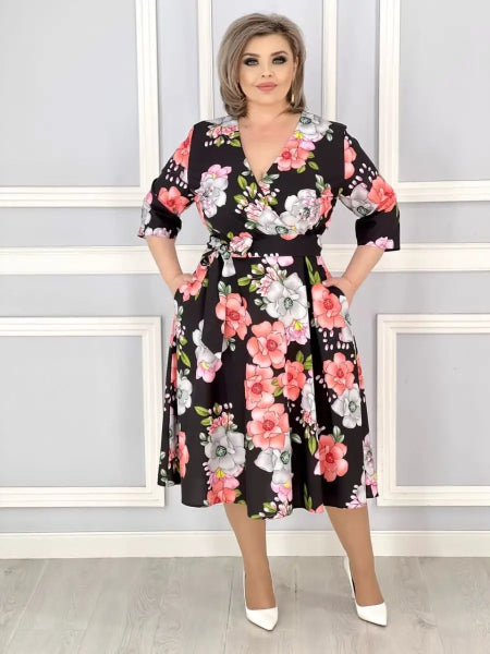 đđăS-5XLăNyĂĄri virĂĄgos sorozat, elegĂĄns V-nyakĂș ruha