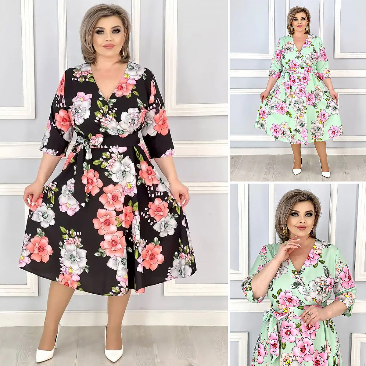 đđăS-5XLăNyĂĄri virĂĄgos sorozat, elegĂĄns V-nyakĂș ruha