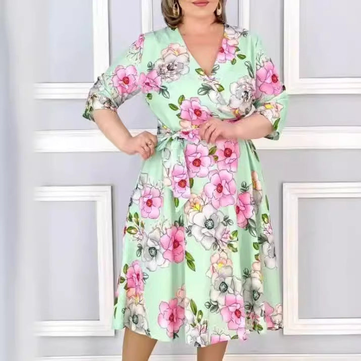 đđăS-5XLăNyĂĄri virĂĄgos sorozat, elegĂĄns V-nyakĂș ruha