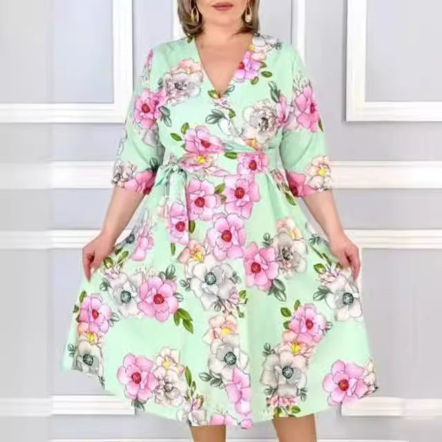 đđăS-5XLăNyĂĄri virĂĄgos sorozat, elegĂĄns V-nyakĂș ruha