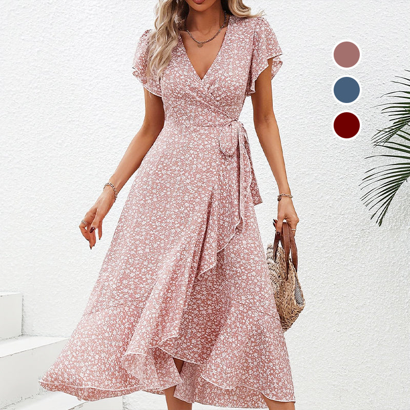 Női nyári elegáns virágos ruha derékban megkötős, V-nyakkal