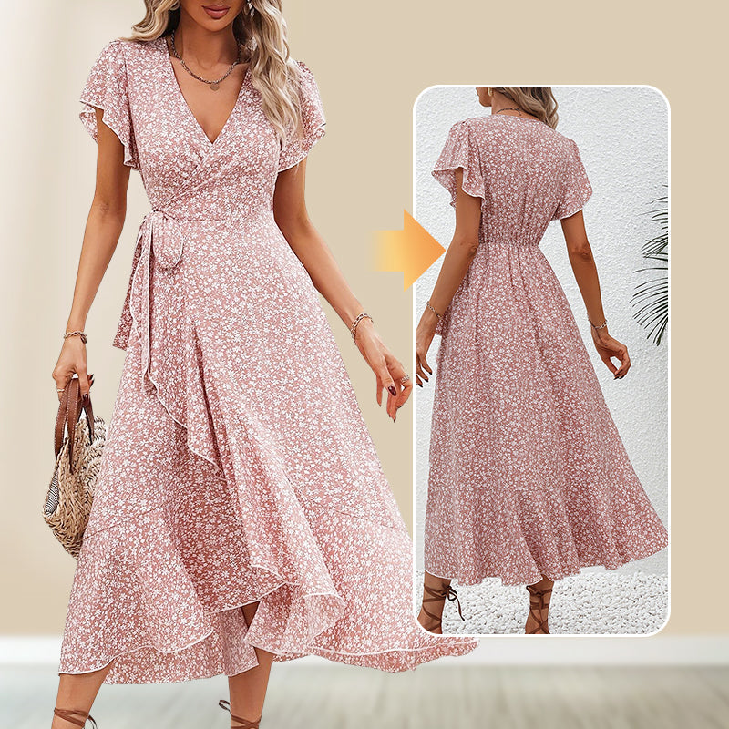 Női nyári elegáns virágos ruha derékban megkötős, V-nyakkal