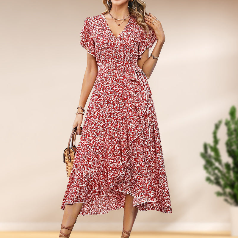 Női nyári elegáns virágos ruha derékban megkötős, V-nyakkal