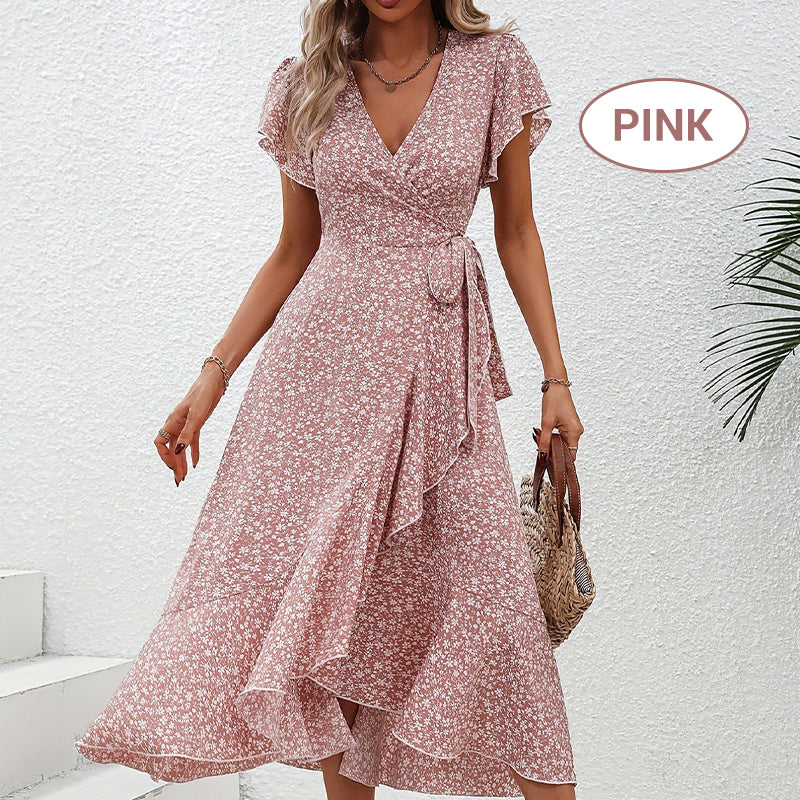 Női nyári elegáns virágos ruha derékban megkötős, V-nyakkal