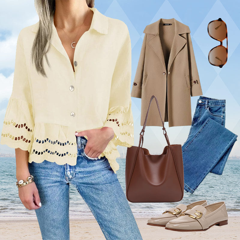 Sima blúz kiszélesedő ujjakkal, alján kivágással