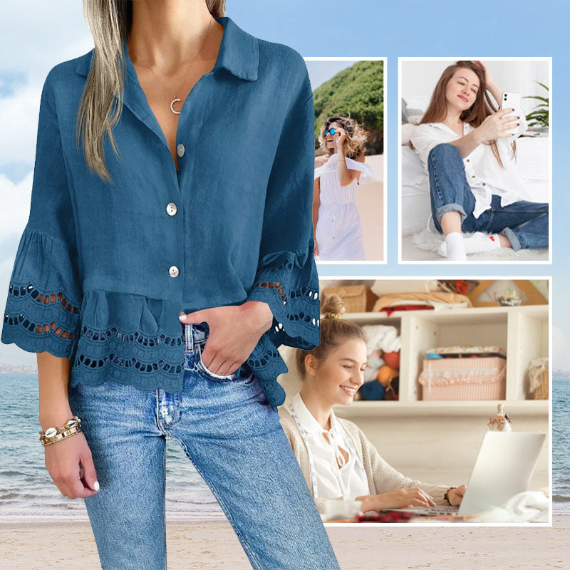 Sima blúz kiszélesedő ujjakkal, alján kivágással