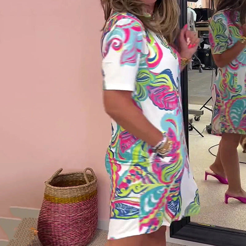 Női színes nyomtatott V-nyakú ruha