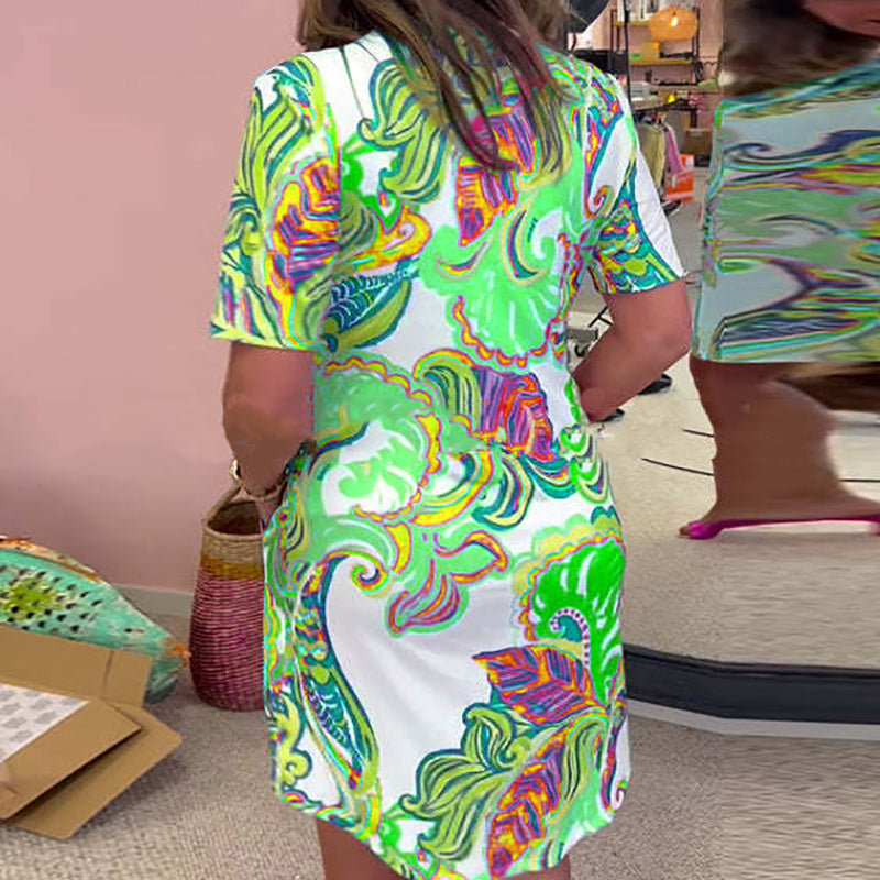 Női színes nyomtatott V-nyakú ruha