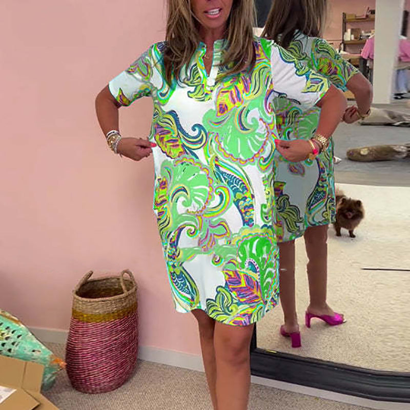 Női színes nyomtatott V-nyakú ruha