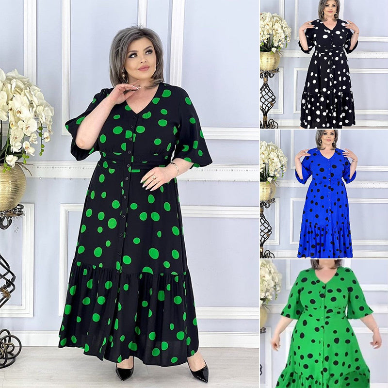 💖Elegáns molett pöttyös ruha V-nyakkal