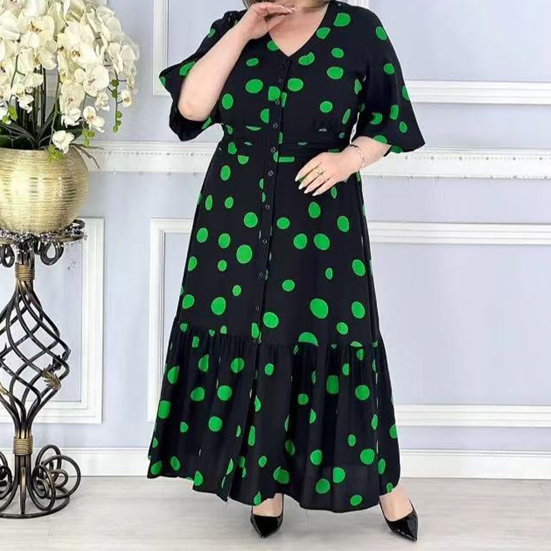 💖Elegáns molett pöttyös ruha V-nyakkal