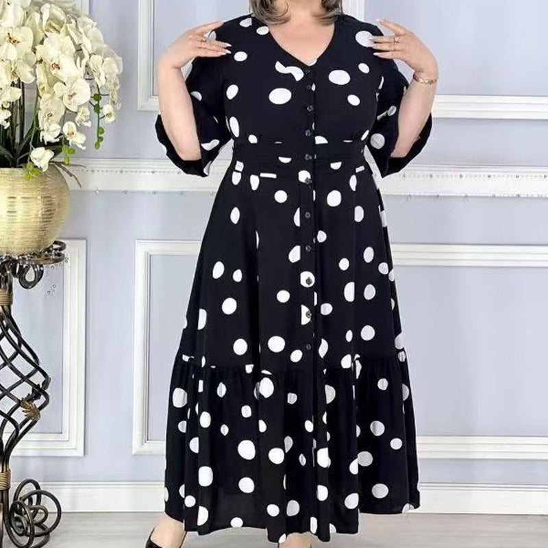 💖Elegáns molett pöttyös ruha V-nyakkal