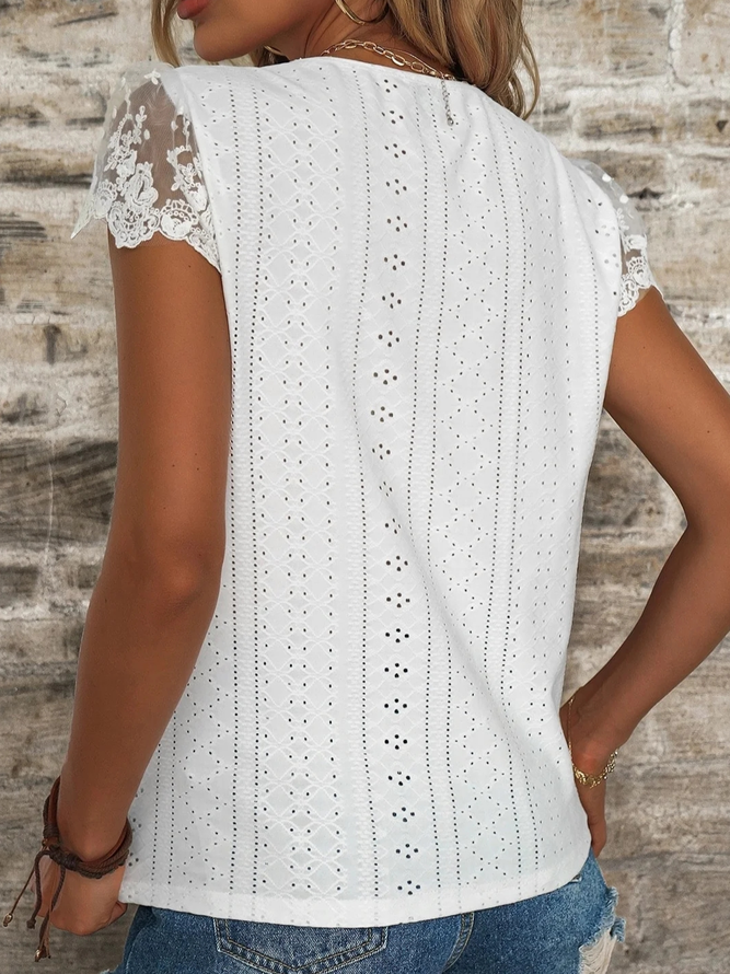 Lezser V-nyakú vászoncsipke légáteresztő gombos fehér alkalmi ing