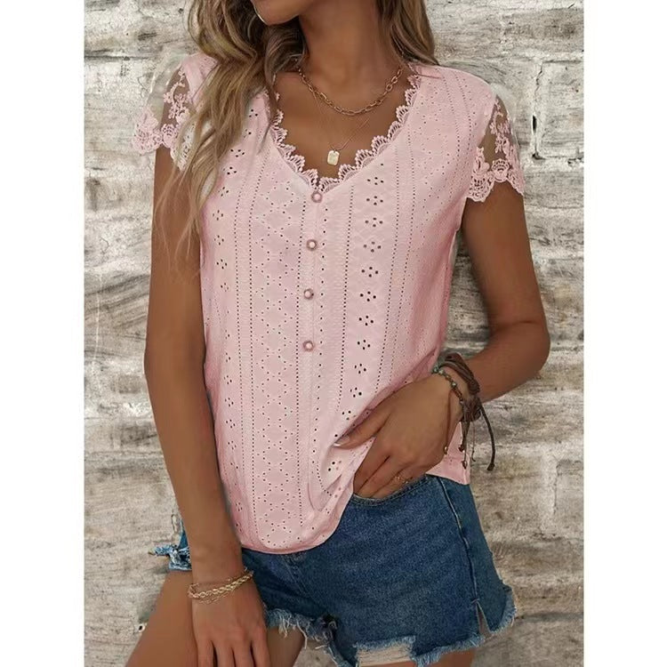 Lezser V-nyakú vászoncsipke légáteresztő gombos fehér alkalmi ing