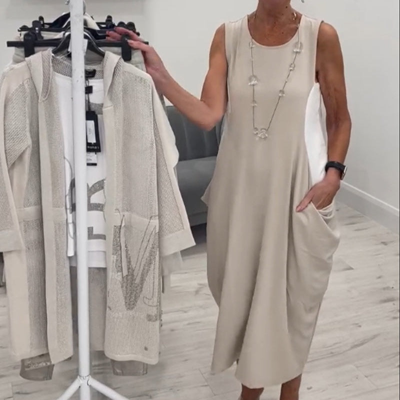 🌸Kényelmes és elegáns egyszerű, zsebes ujjatlan ruha