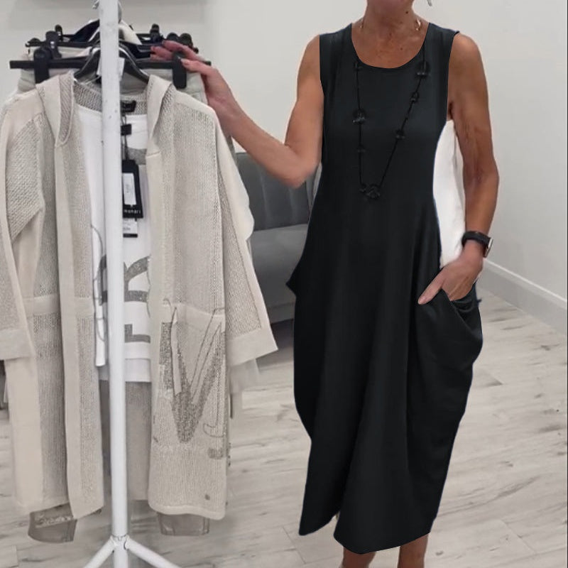 🌸Kényelmes és elegáns egyszerű, zsebes ujjatlan ruha