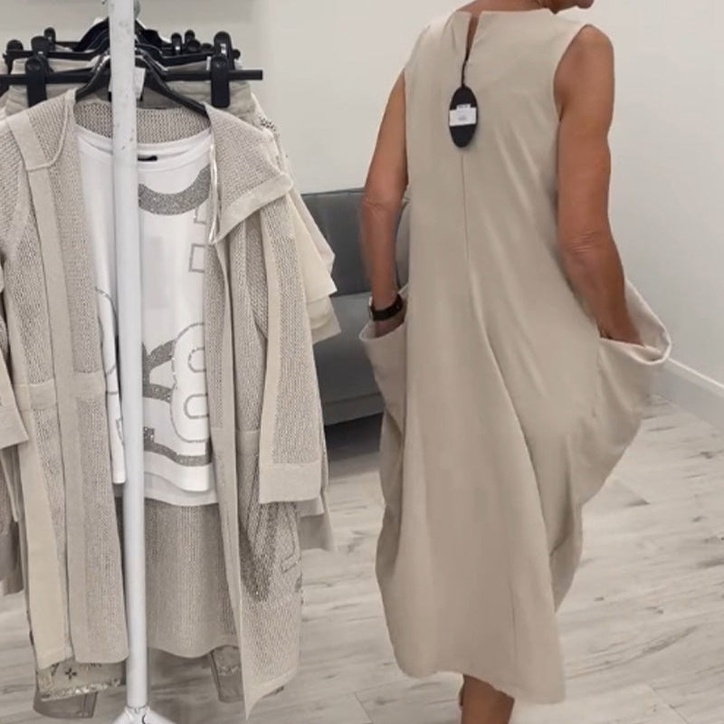 🌸Kényelmes és elegáns egyszerű, zsebes ujjatlan ruha