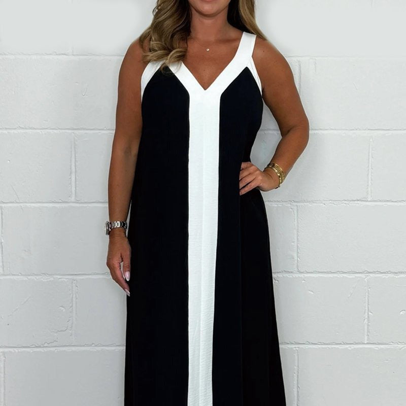 🔥👗Női V-nyakú, ujjatlan, színes blokkos maxi ruha