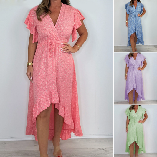 ✨【S-3XL】V-nyakú, pöttyös, fodros ujjú ruha