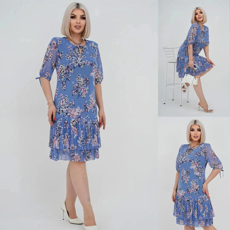 đčElegĂĄns, hosszĂș, rakott sifon ruha rövid ujjakkal