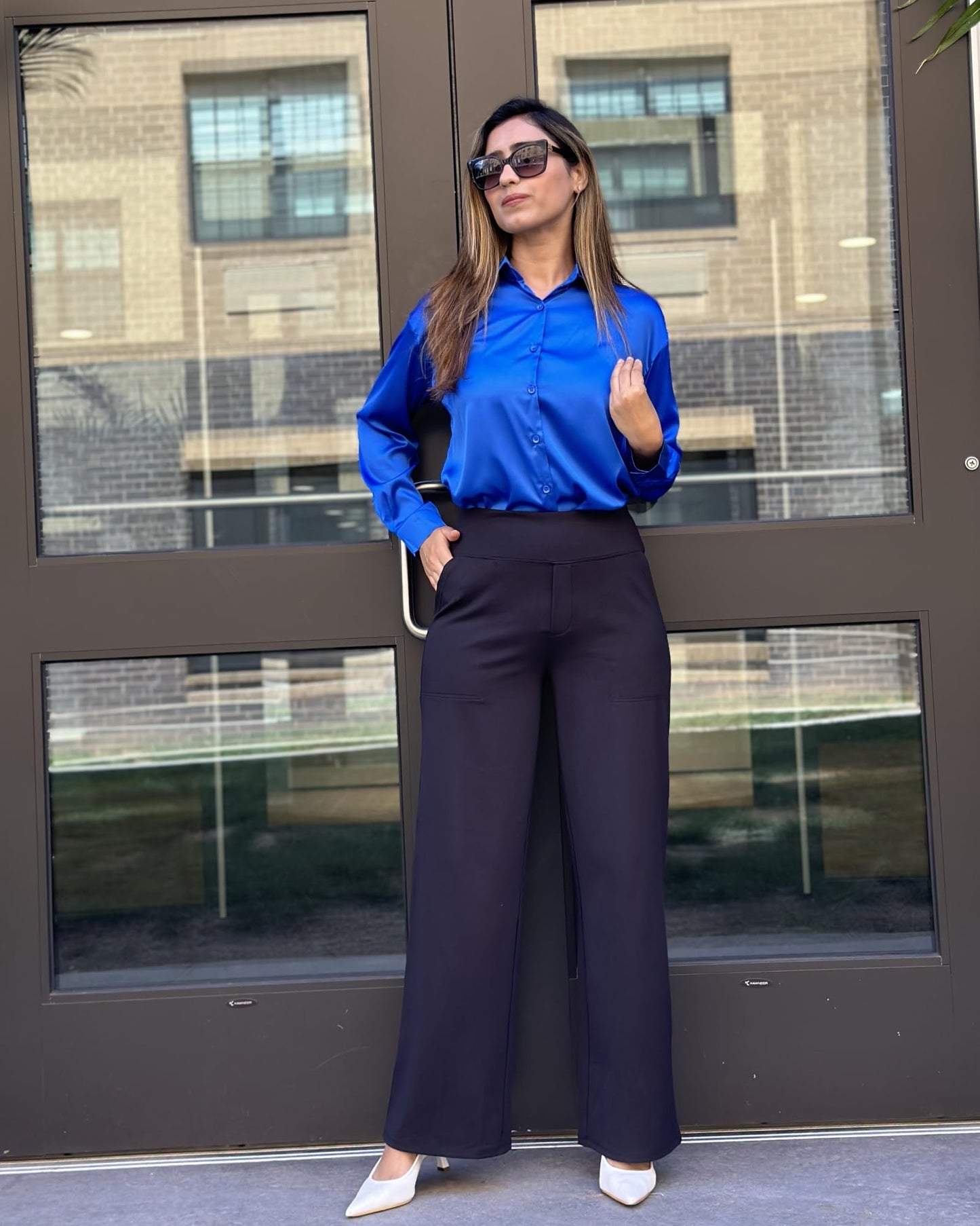 NĆi magas derekĂș Stretch alkalmi szĂ©les szĂĄrĂș nadrĂĄgok