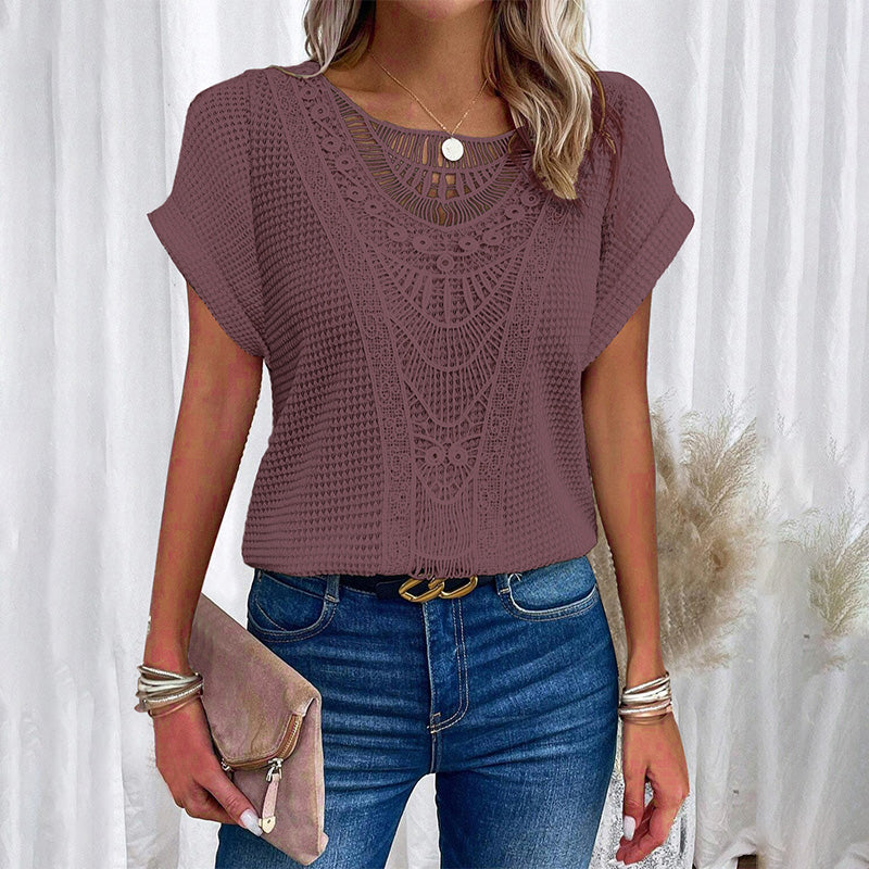 ✨Rövid ujjú, kerek nyakú felsők egyszínű horgolással nőknek
