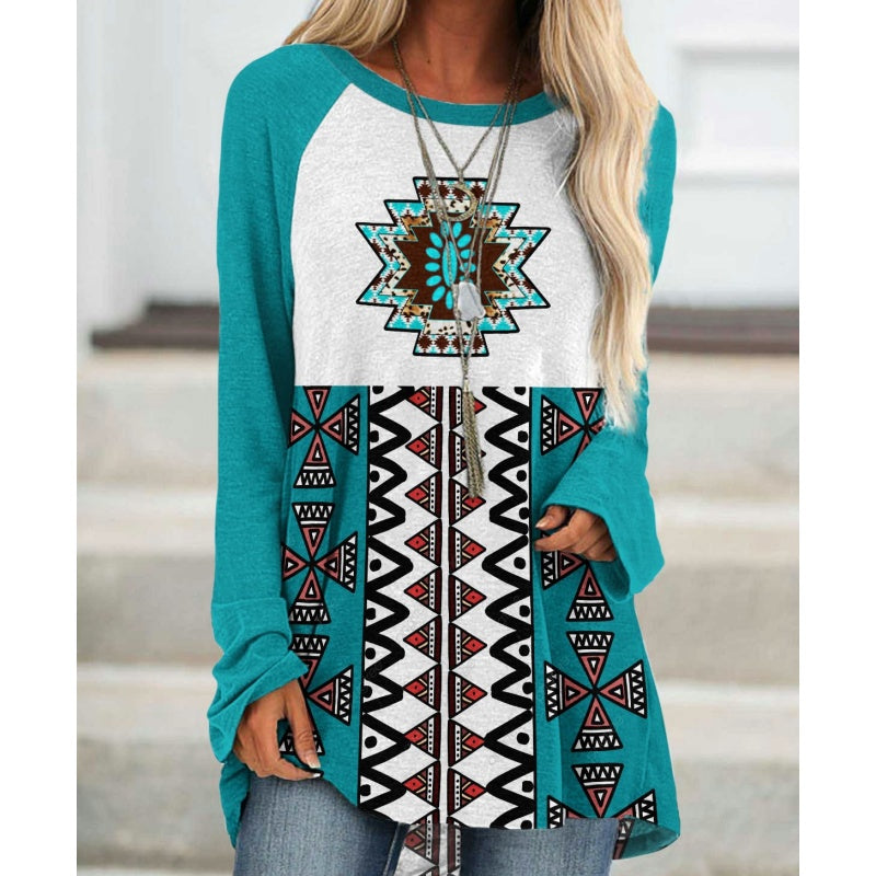 Női bő, hosszú ujjú blúz bohém mintával