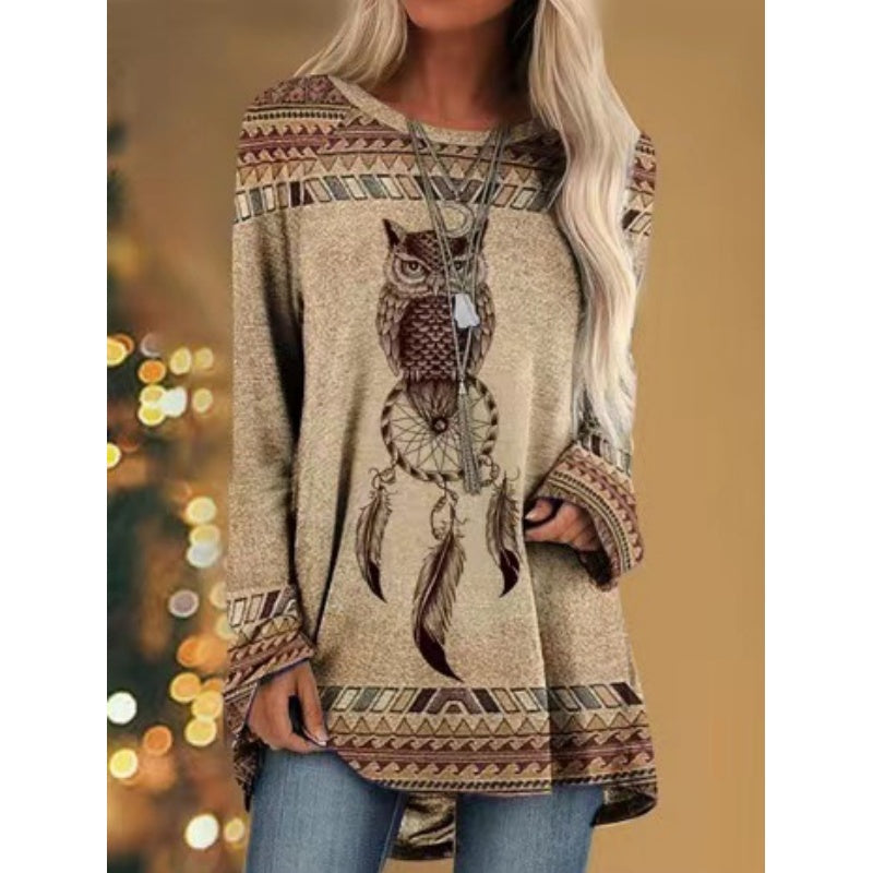 Női bő, hosszú ujjú blúz bohém mintával