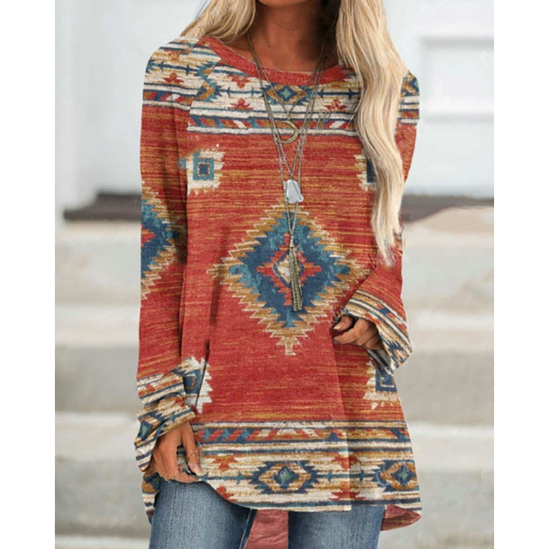 Női bő, hosszú ujjú blúz bohém mintával