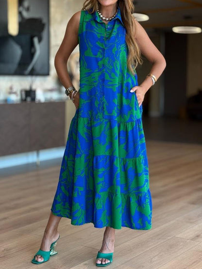 Sukienka saksofonowa bez rękawów z kołnierzykiem koszulowym i guzikami z przodu