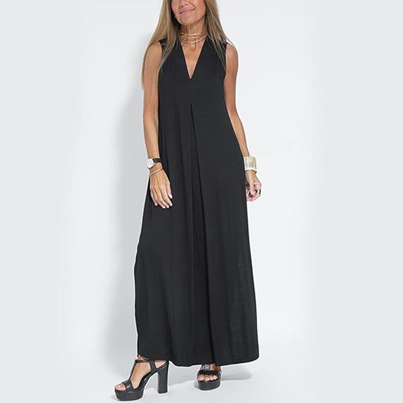 🔥👗Az ujjatlan, V-nyakú, laza szabású maxi ruha