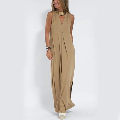 🔥👗Az ujjatlan, V-nyakú, laza szabású maxi ruha