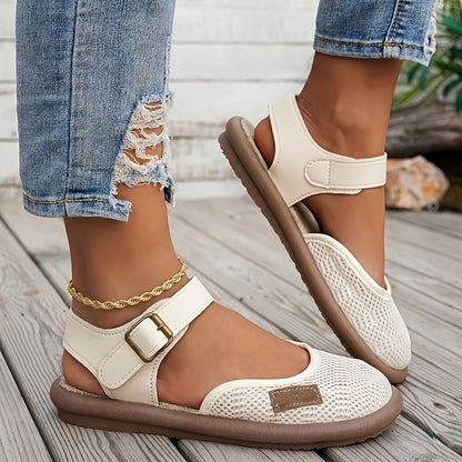 👡 Légáteresztő hálós, lapos szandál bokapánttal - Széles lábú hölgyeknek