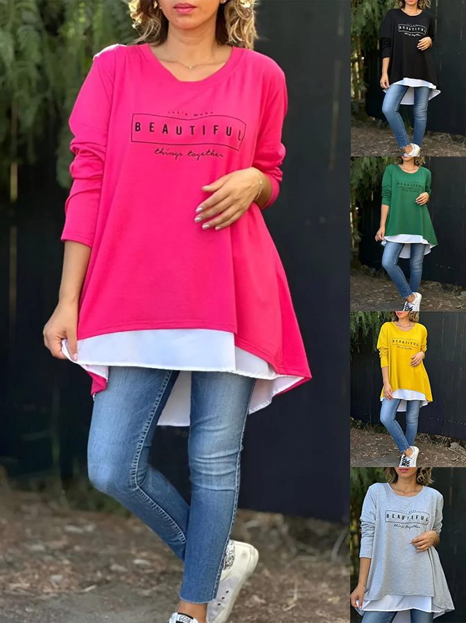 [100% pamut] Levél nyomtatás hosszú ujjú póló