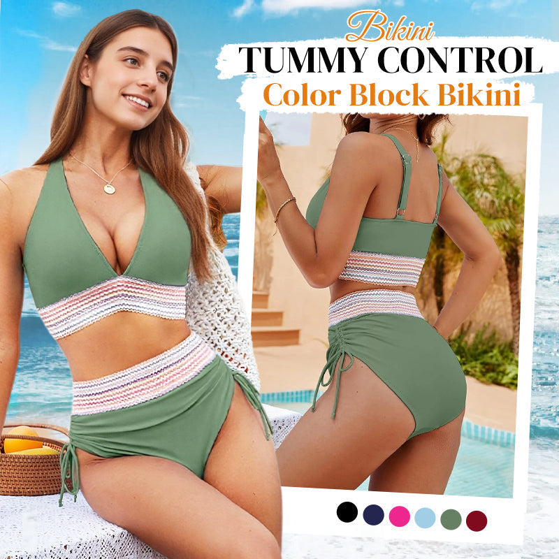 👙 S-4XL Magas Derekú Hasformáló Színblokk Bikini Szettek – Kifogástalan Sziluett
