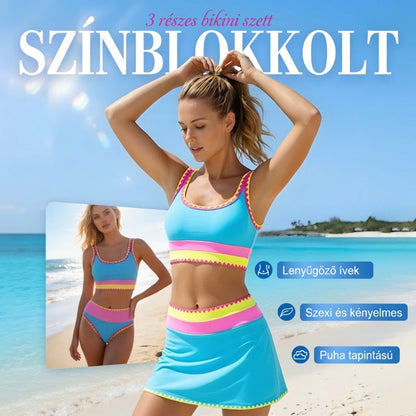 🌞🏖️ Színblokkal Díszített Nylon Sportos 3 Részes Bikini Szett – Magas Derekú és Hasformáló Fürdőruha 🩱🌊