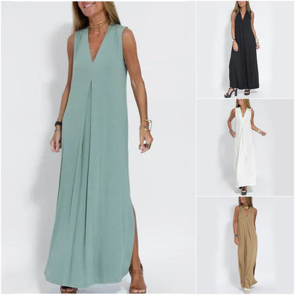 🔥👗Az ujjatlan, V-nyakú, laza szabású maxi ruha