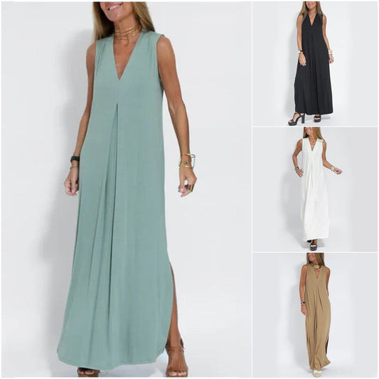 🔥👗Az ujjatlan, V-nyakú, laza szabású maxi ruha