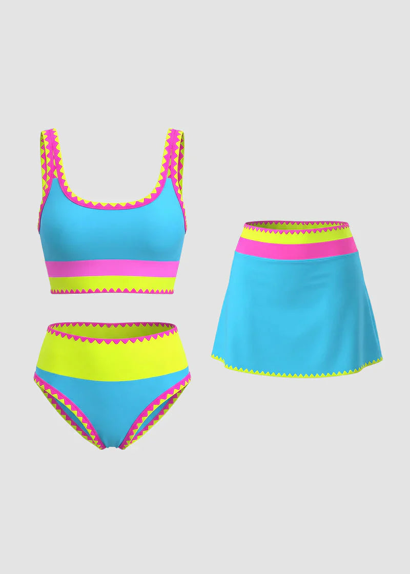 🌞🏖️ Színblokkal Díszített Nylon Sportos 3 Részes Bikini Szett – Magas Derekú és Hasformáló Fürdőruha 🩱🌊